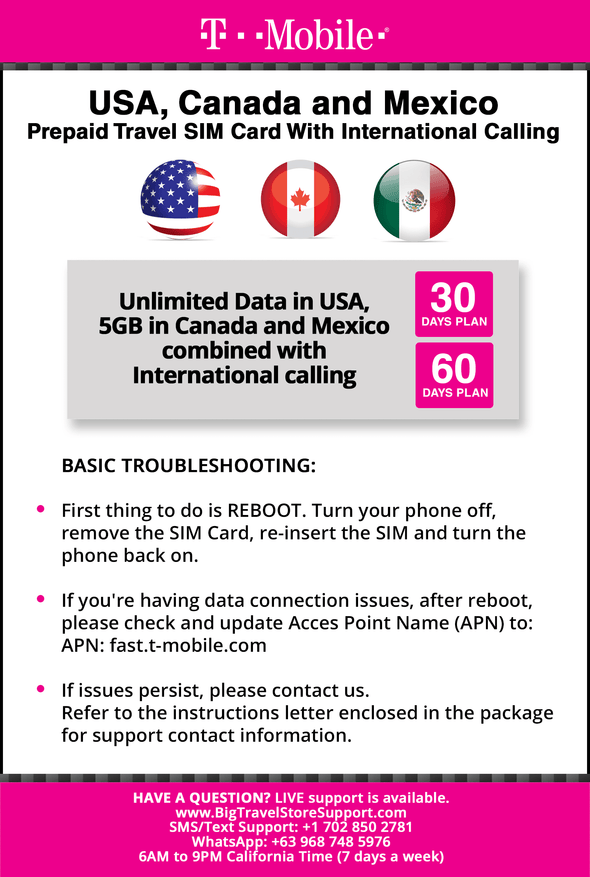 T-mobile Brand USA, Canada, Mexico Prepaid Travel SIM Card Unlimited Call/Text and Unlimited High Speed 4G LTE Data in USA and up to 5GB Data in Canada and Mexico Combined with International Long Distance for 30 days - BigTravelStore