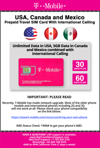 T-mobile Brand USA, Canada, Mexico Prepaid Travel SIM Card Unlimited Call/Text and Unlimited High Speed 4G LTE Data in USA and up to 5GB Data in Canada and Mexico Combined with International long distance for 60 days - BigTravelStore