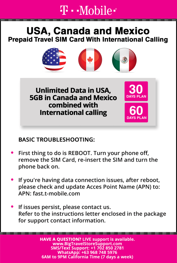 T-mobile Brand USA, Canada, Mexico Prepaid Travel SIM Card Unlimited Call/Text and Unlimited High Speed 4G LTE Data in USA and up to 5GB Data in Canada and Mexico Combined with International long distance for 60 days - BigTravelStore