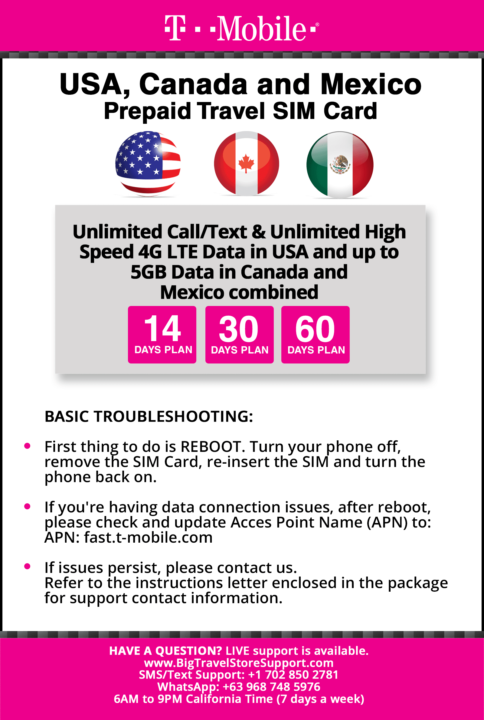 T-Mobile Travel SIM Card Unlimited Call, Text and Data for 30 Days