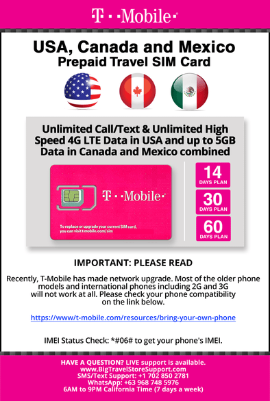 T-mobile Brand USA, Canada, Mexico Prepaid Travel SIM Card Unlimited Call/Text and Unlimited High Speed 4G LTE Data in USA and up to 5GB Data in Canada and Mexico Combined for 14 days - BigTravelStore
