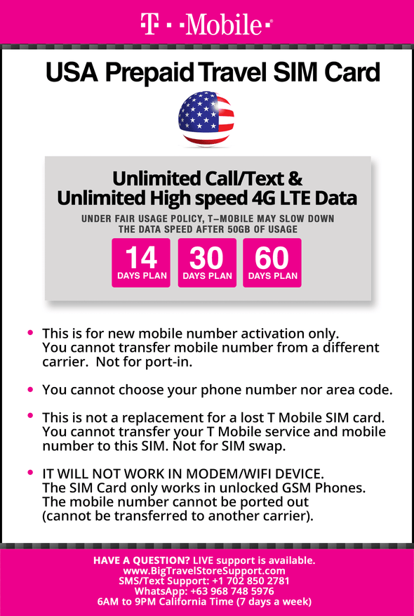T-Mobile Brand USA Prepaid Travel SIM Card Unlimited Call, Text and 4G LTE Data (for use in USA only) (for Phone use only. NOT for Modem/WiFi Devices) (14 Days) - BigTravelStore