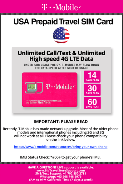 T-Mobile Brand USA Prepaid Travel SIM Card Unlimited Call, Text and 4G LTE Data (for use in USA only) (for Phone use only. NOT for Modem/WiFi Devices) (14 Days) - BigTravelStore