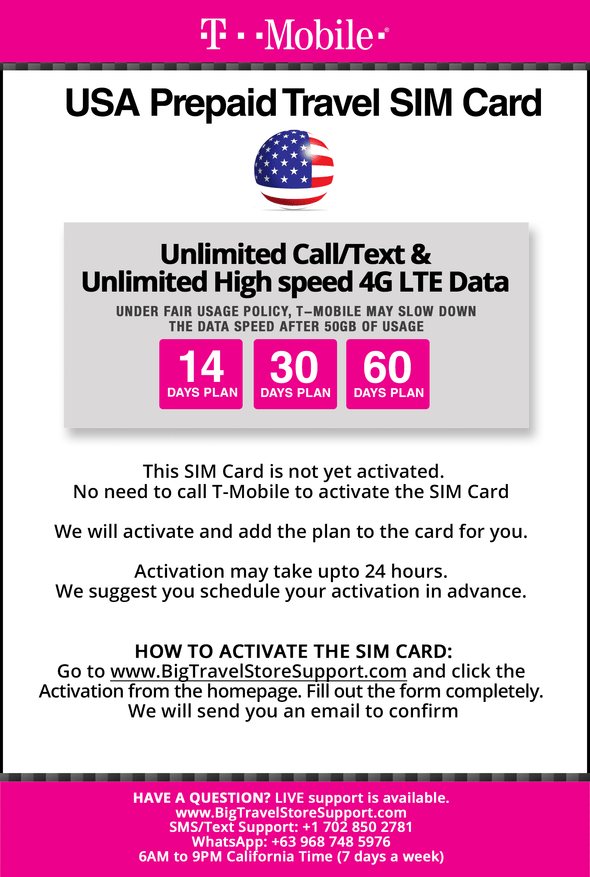T-Mobile Brand USA Prepaid Travel SIM Card Unlimited Call, Text and 4G LTE Data (for use in USA only) (for Phone use only. NOT for Modem/WiFi Devices) (30 Days) - BigTravelStore