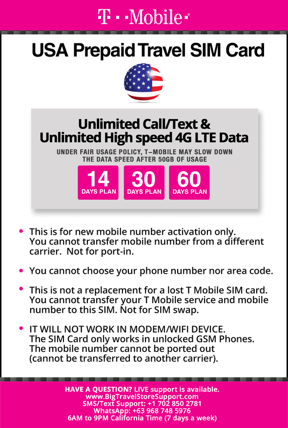 T-Mobile Brand USA Prepaid Travel SIM Card Unlimited Call, Text and 4G LTE Data (for use in USA only) (for Phone use only. NOT for Modem/WiFi Devices) (30 Days) - BigTravelStore