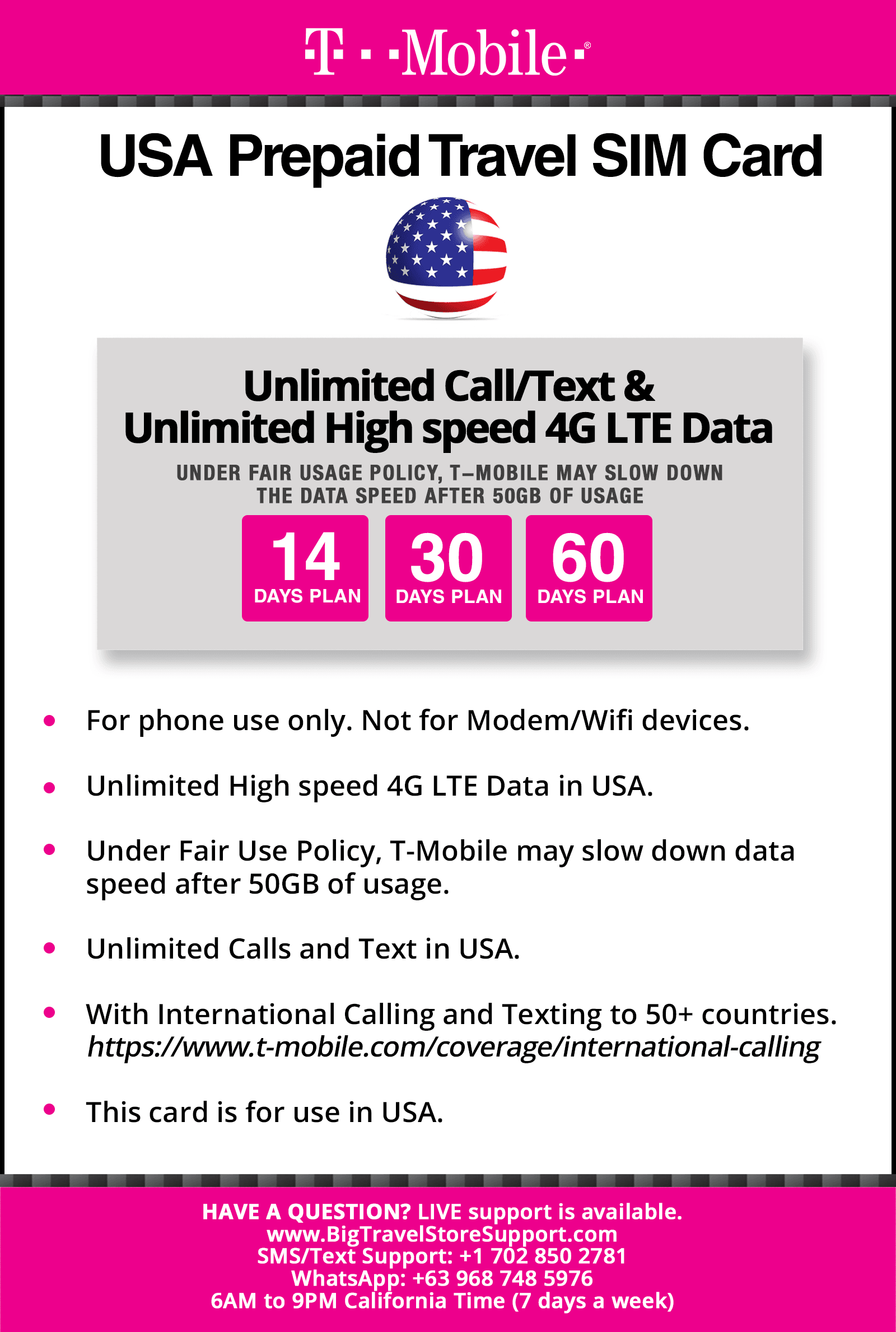 T-Mobile USA Prepaid Travel SIM Card 30 Days Unlimited Call,Text,Data –  BigTravelStore