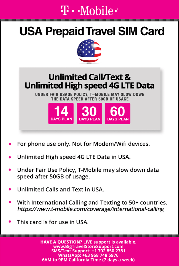 T-Mobile Brand USA Prepaid Travel SIM Card Unlimited Call, Text and 4G LTE Data (for use in USA only) (for Phone use only. NOT for Modem/WiFi Devices) (30 Days) - BigTravelStore