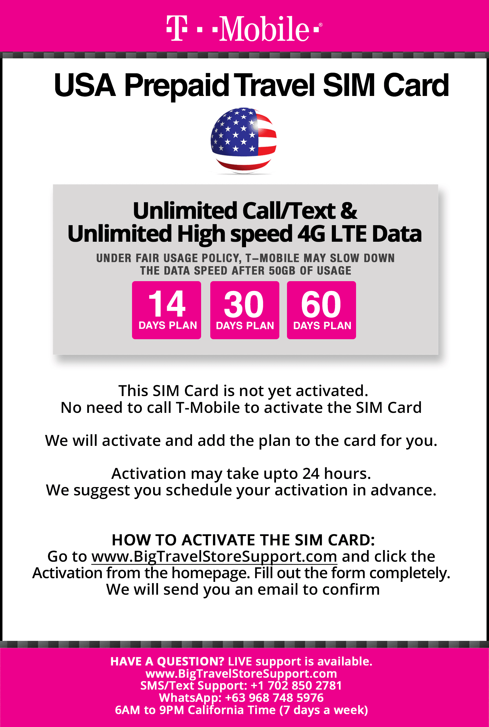 T-Mobile USA Prepaid Travel SIM Card 60 Days Unlimited Call,Text