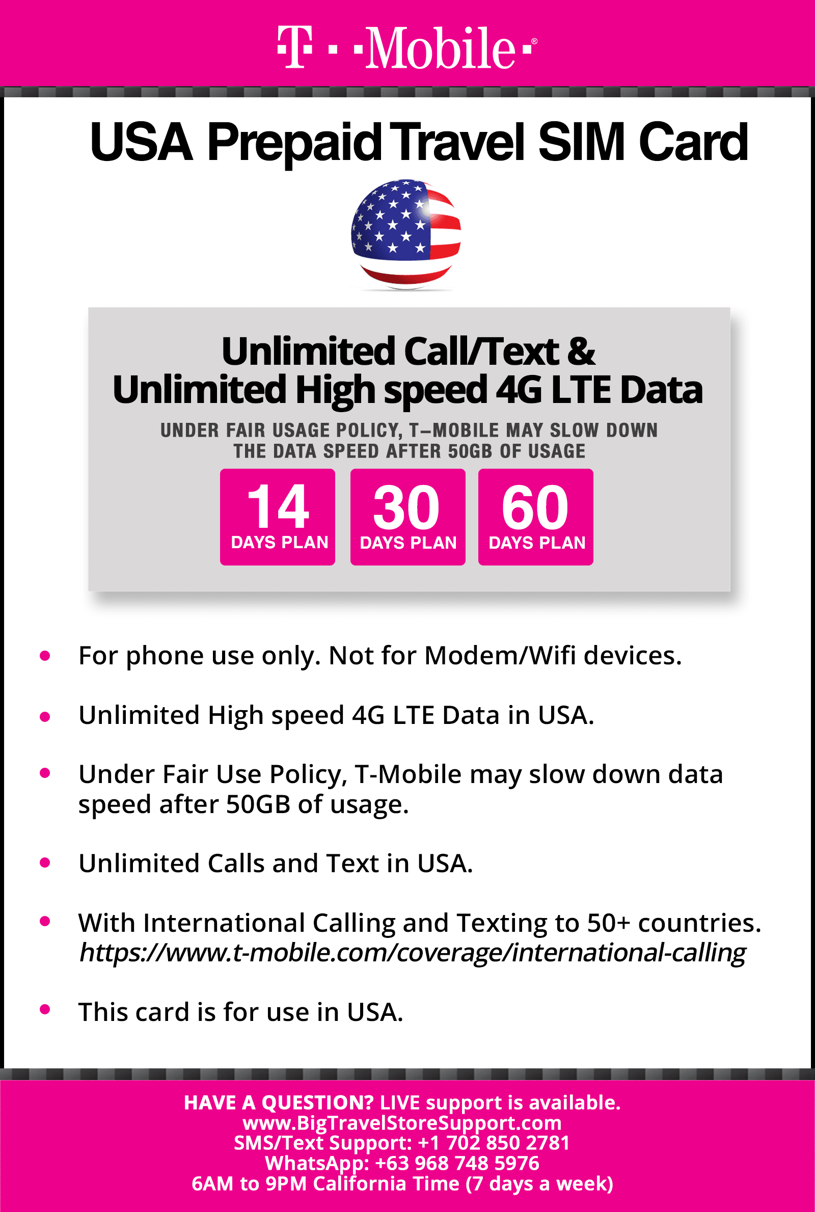 USA SIM Card with Prepaid Plan $15/$25/$40/$50 4G LTE 30-60days.