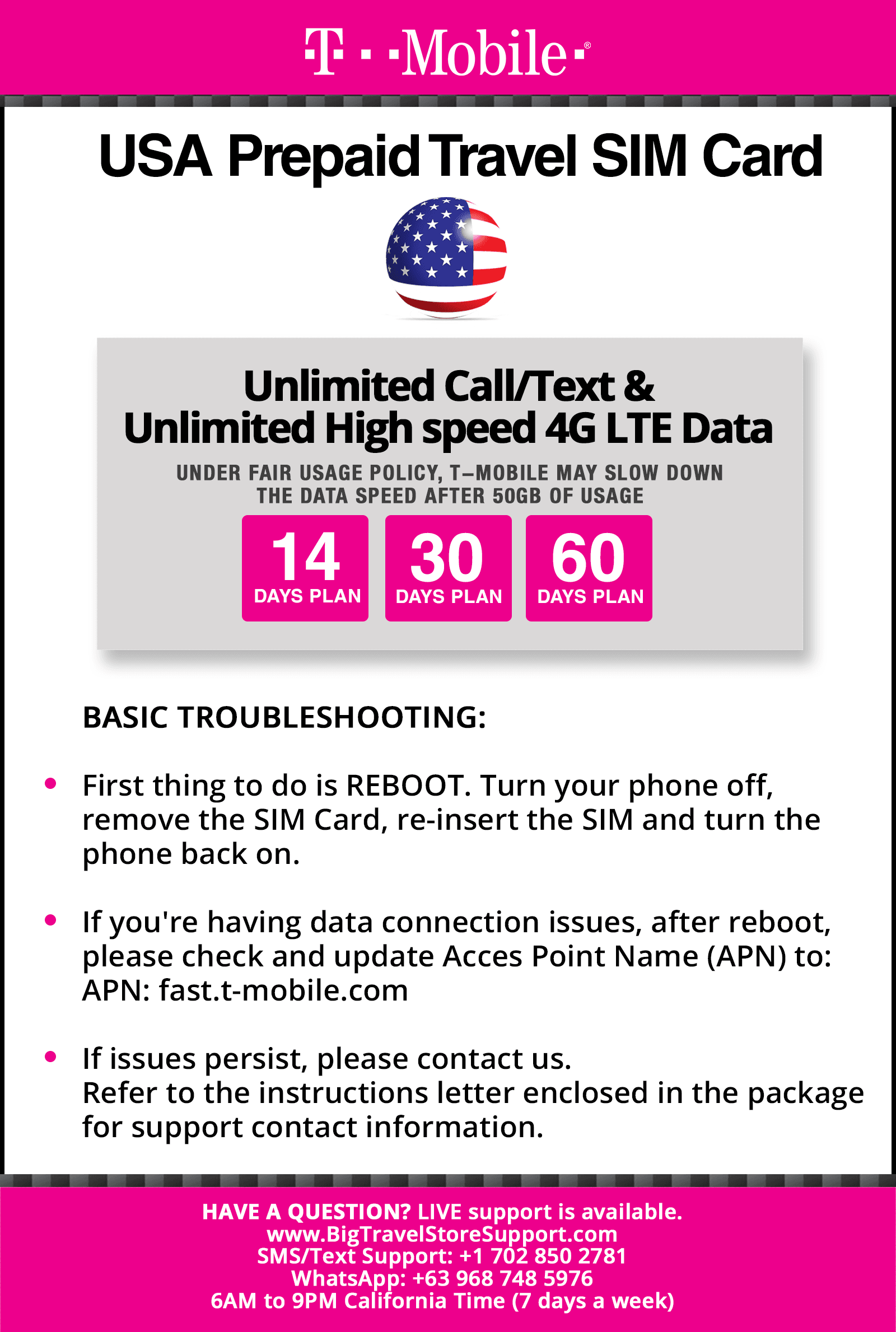 T-Mobile USA Prepaid Travel SIM Card 60 Days Unlimited Call,Text