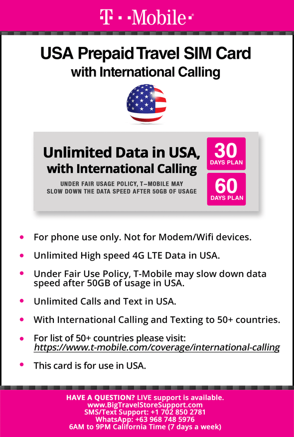 T-Mobile Brand USA Prepaid Travel SIM Card Unlimited Call, Text and 4G LTE Data (for use in USA only) With International Long Distance calling. (for Phone use only. NOT for Modem/WiFi Devices) (60 Days) - BigTravelStore