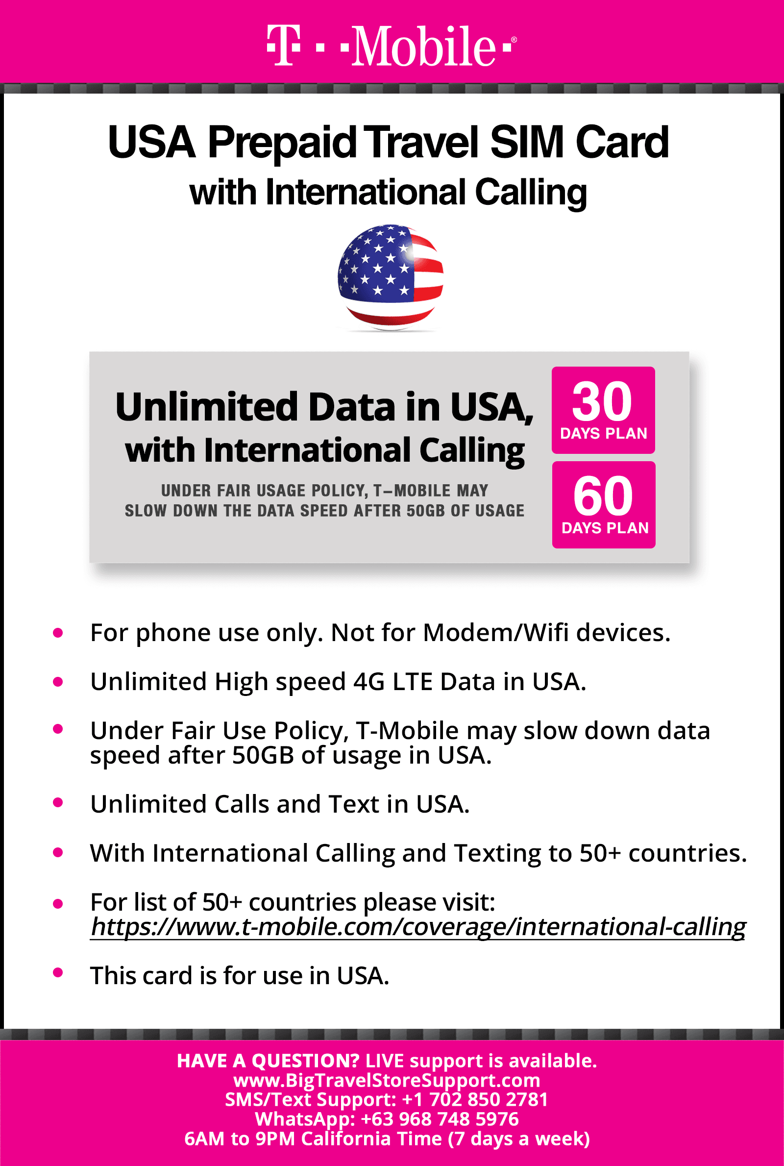 T-Mobile USA Prepaid Travel SIM Card 30 Days Unlimited Call,Text,Data –  BigTravelStore