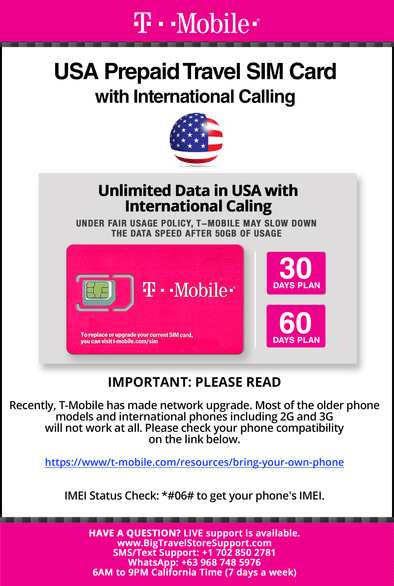 T-Mobile Brand USA Prepaid Travel SIM Card Unlimited Call, Text and 4G LTE Data (for use in USA only) With International Long Distance calling. (for Phone use only. NOT for Modem/WiFi Devices) (60 Days) - BigTravelStore