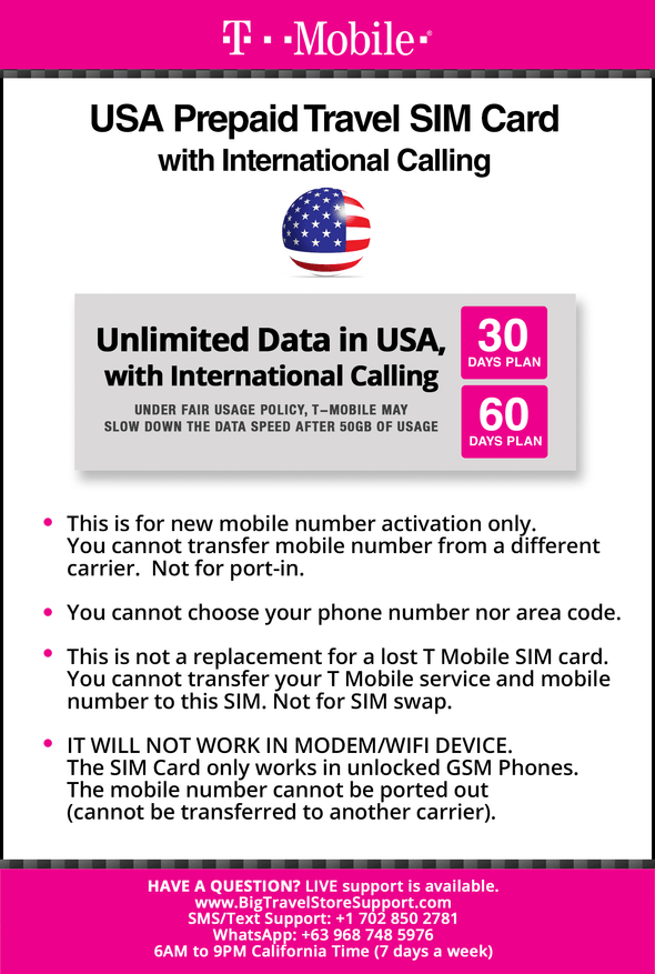 T-Mobile Brand USA Prepaid Travel SIM Card Unlimited Call, Text and 4G LTE Data (for use in USA only) With International Long Distance calling. (for Phone use only. NOT for Modem/WiFi Devices) (60 Days) - BigTravelStore