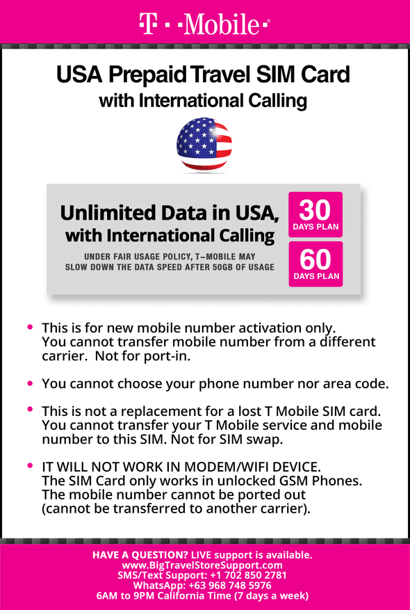 T-Mobile Brand USA Prepaid Travel SIM Card Unlimited Call, Text and 4G LTE Data (for use in USA only) With International Long Distance calling. (for Phone use only. NOT for Modem/WiFi Devices) (30 Days) - BigTravelStore