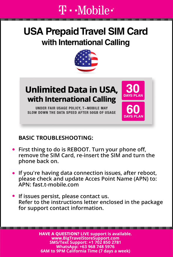 T-Mobile Brand USA Prepaid Travel SIM Card Unlimited Call, Text and 4G LTE Data (for use in USA only) With International Long Distance calling. (for Phone use only. NOT for Modem/WiFi Devices) (60 Days) - BigTravelStore