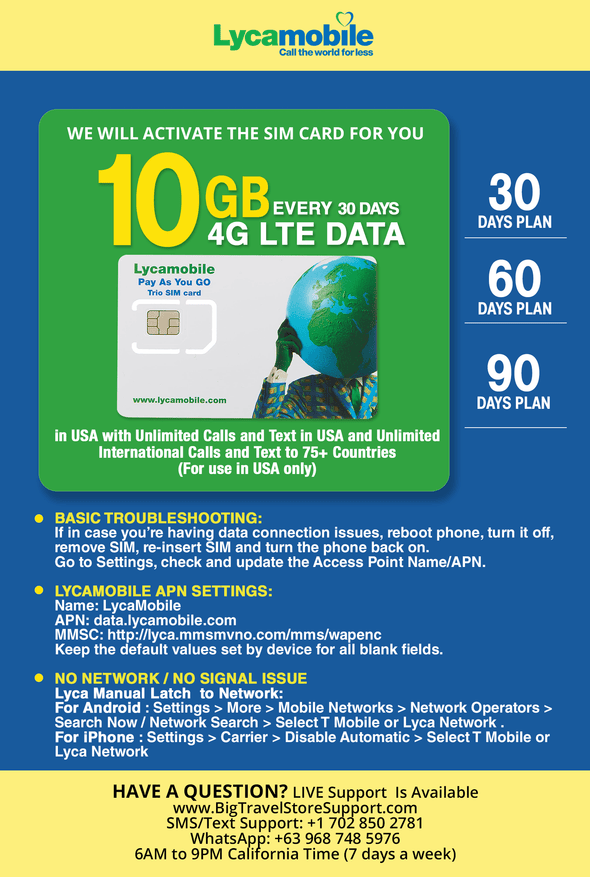 USA Travel SIM Card LYCA 10GB 4G LTE Data in USA with Unlimited Calls and Text in USA (for use in USA only). We Must Activate The Card (This not a Company prepaid/not a 622 SIM Card) (90 Days) - BigTravelStore