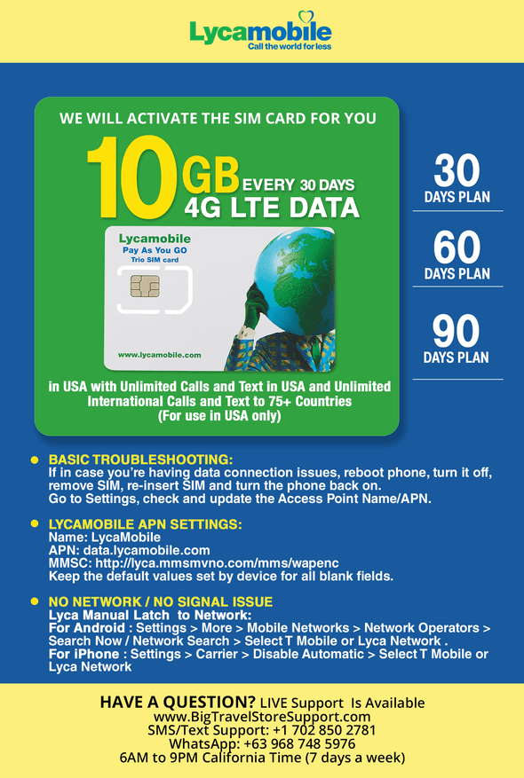 USA Travel SIM Card LYCA 10GB 4G LTE Data in USA with Unlimited Calls and Text in USA (for use in USA only). We Must Activate The Card (This not a Company prepaid/not a 622 SIM Card) (60 Days) - BigTravelStore