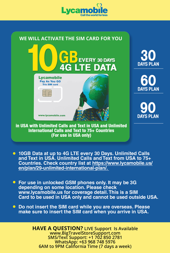 USA Travel SIM Card LYCA 10GB 4G LTE Data in USA with Unlimited Calls and Text in USA (for use in USA only). We Must Activate The Card (This not a Company prepaid/not a 622 SIM Card) (30 Days) - BigTravelStore