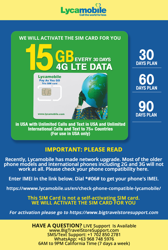 USA Travel SIM Card LYCA 15GB 4G LTE Data in USA with Unlimited Calls and Text in USA (for use in USA only). We Must Activate The Card (This not a Company prepaid/not a 622 SIM Card) (90 Days) - BigTravelStore