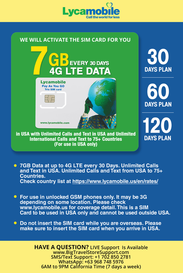 USA Travel SIM Card LYCA 7GB 4G LTE Data in USA with Unlimited Calls and Text in USA (for use in USA only). We Must Activate The Card (This not a Company prepaid/not a 622 SIM Card) (60 Days) - BigTravelStore