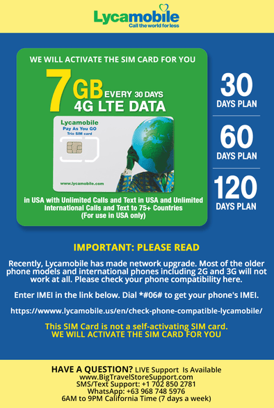 USA Travel SIM Card LYCA 7GB 4G LTE Data in USA with Unlimited Calls and Text in USA (for use in USA only). We Must Activate The Card (This not a Company prepaid/not a 622 SIM Card) (60 Days) - BigTravelStore