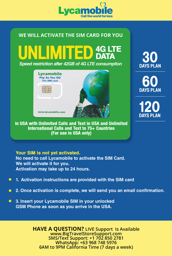USA Travel SIM Card LYCA Unlimited 4G LTE Data in USA with Unlimited Calls and Text in USA (for use in USA only). We Must Activate The Card (This not a Company prepaid/not a 622 SIM Card) (30 Days) - BigTravelStore