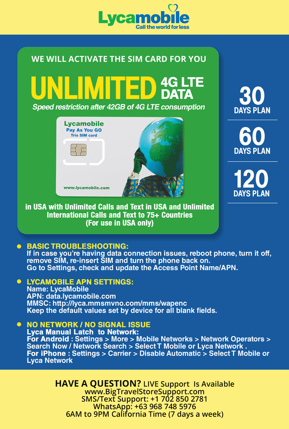 USA Travel SIM Card LYCA Unlimited 4G LTE Data in USA with Unlimited Calls and Text in USA (for use in USA only). We Must Activate The Card (This not a Company prepaid/not a 622 SIM Card) (30 Days) - BigTravelStore