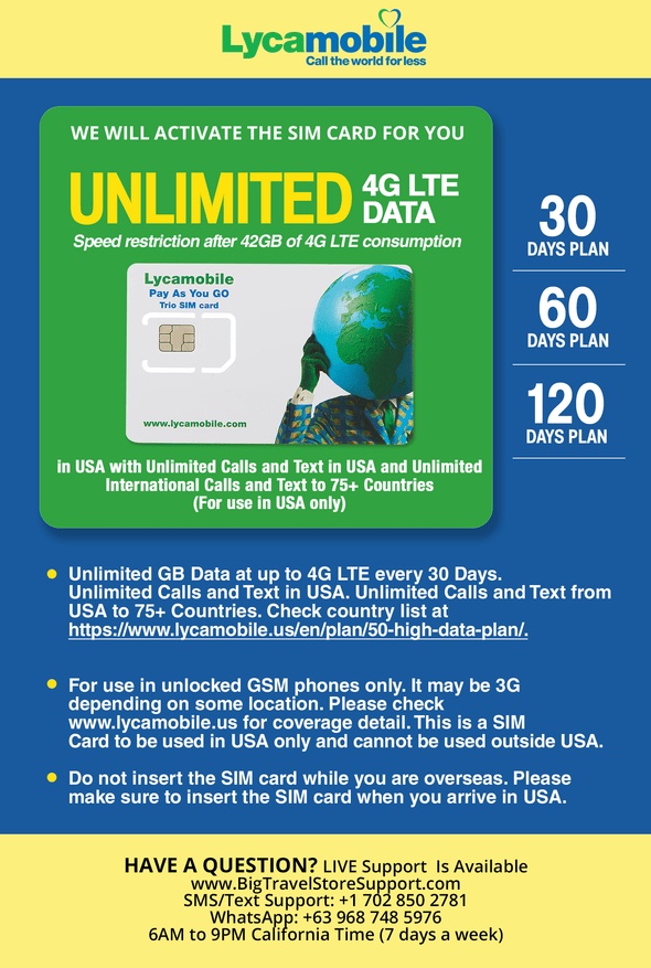 USA Travel SIM Card LYCA Unlimited 4G LTE Data in USA with Unlimited Calls and Text in USA (for use in USA only). We Must Activate The Card (This not a Company prepaid/not a 622 SIM Card) (60 Days) - BigTravelStore