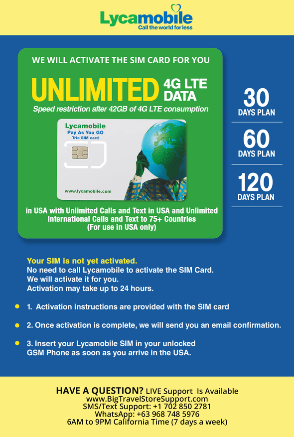 USA Travel SIM Card LYCA Unlimited 4G LTE Data in USA with Unlimited Calls and Text in USA (for use in USA only). We Must Activate The Card (This not a Company prepaid/not a 622 SIM Card) (120 Days) - BigTravelStore