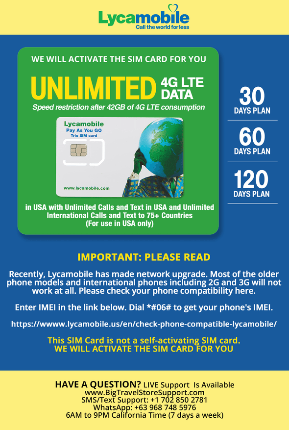 USA Travel SIM Card LYCA Unlimited 4G LTE Data in USA with Unlimited Calls and Text in USA (for use in USA only). We Must Activate The Card (This not a Company prepaid/not a 622 SIM Card) (60 Days) - BigTravelStore