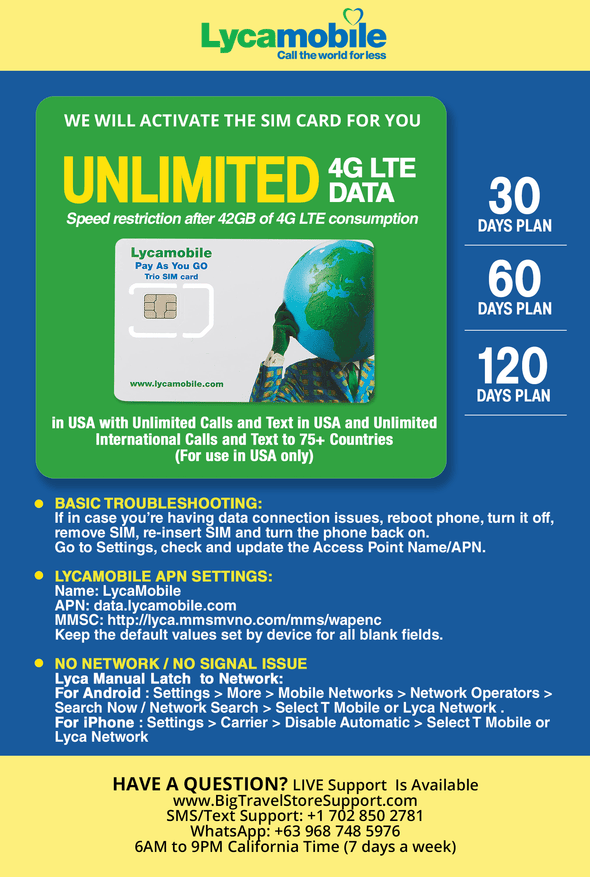 USA Travel SIM Card LYCA Unlimited 4G LTE Data in USA with Unlimited Calls and Text in USA (for use in USA only). We Must Activate The Card (This not a Company prepaid/not a 622 SIM Card) (120 Days) - BigTravelStore